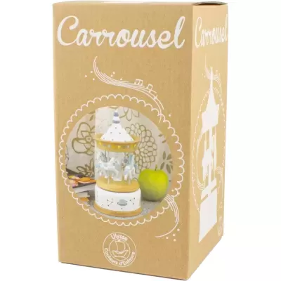 Caixa castanha com carrossel decorativo e texto Carrousel