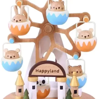 Brinquedo de madeira roda-gigante com cestos coloridos e figuras de animais