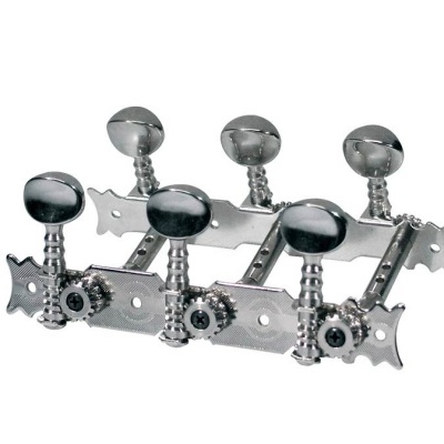 Conjunto de afinadores metálicos cromados para guitarra com botões pretos e engrenagens visíveis