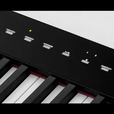 Teclado musical preto com teclas brancas e pretas e painel de controle com texto e ícones iluminados