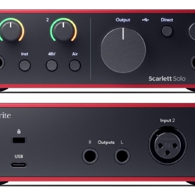 Interface de áudio Focusrite Scarlett Solo com botões e conexões