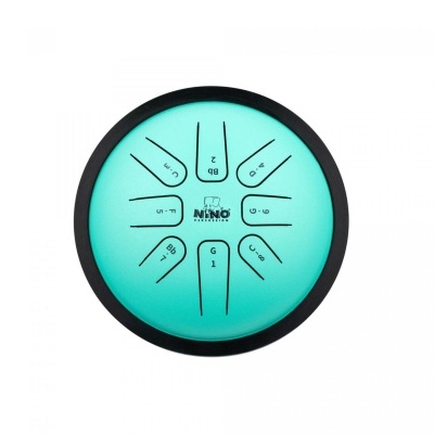Tambor de aço azul turquesa com borda preta e texto NIÑO PERCUSSION