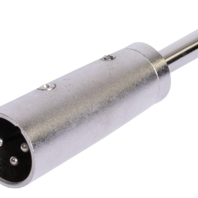 Adaptador metálico prateado com conector XLR e jack