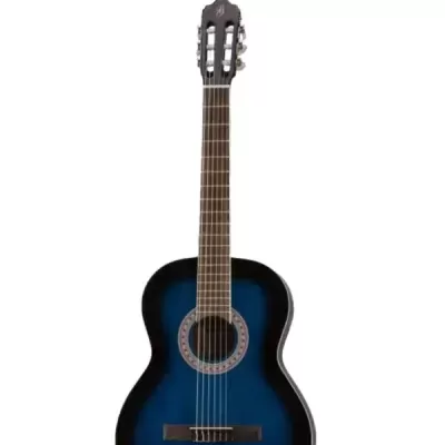 Guitarra clássica azul com gradiente preto e seis cordas