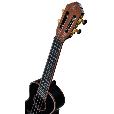 Ukulele preto com madeira castanha e afinadores dourados