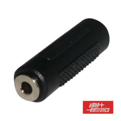 Adaptador de áudio preto com ponta metálica e logótipo Alpha Electronica