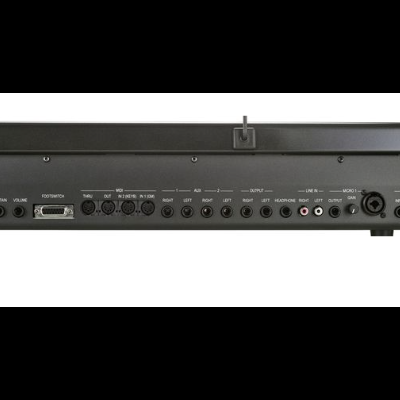 Conexões na parte traseira de teclado electrónico preto