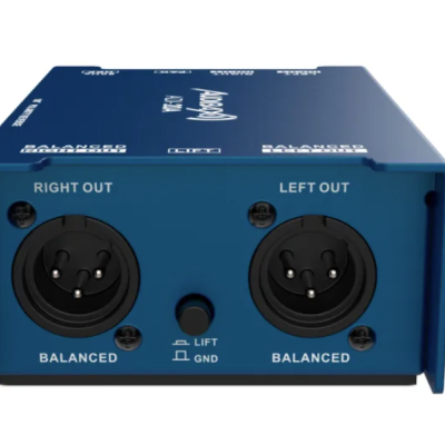 Interface de áudio azul com duas entradas XLR e botão LIFT/GND