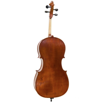 Violoncelo de madeira castanho visto de trás