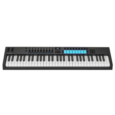 Teclado controlador MIDI preto com teclas, botões, sliders e pads iluminados azul