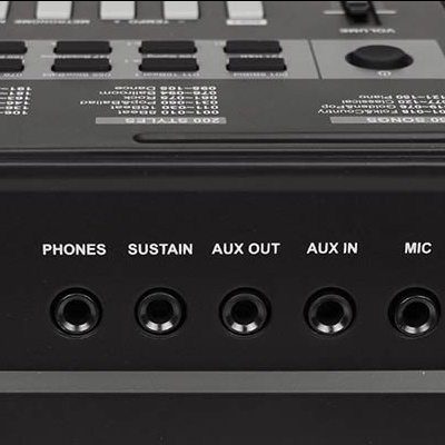 Conexões traseiras de um teclado musical preto com etiquetas e portas diversas.