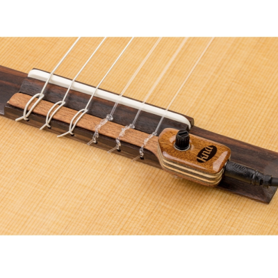 Ponte de guitarra clássica com aparelho amplificador de madeira e botão preto