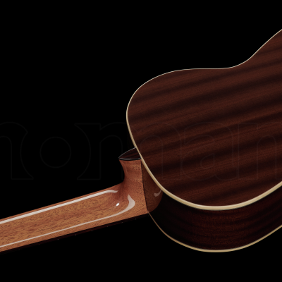 Parte traseira e braço de guitarra acústica castanho escuro com acabamento brilhante