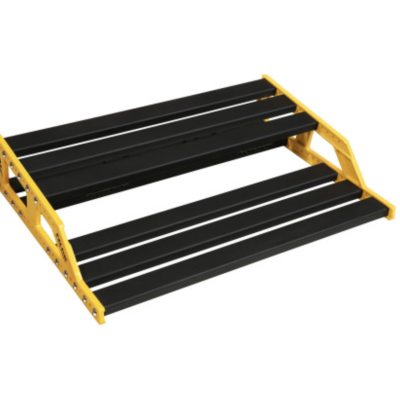 Estante de organização amarela com prateleiras pretas