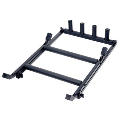 Suporte preto de metal com rolos e pinos verticais