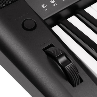 Teclado musical digital preto com teclas e controlos