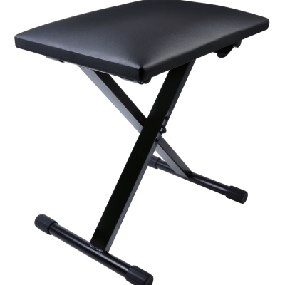 Banco ajustável com assento almofadado preto e estrutura metálica em X preta