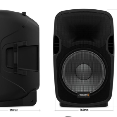 Colunas pretas Audibax vistas de lado e de frente com grelha de metal e alça lateral