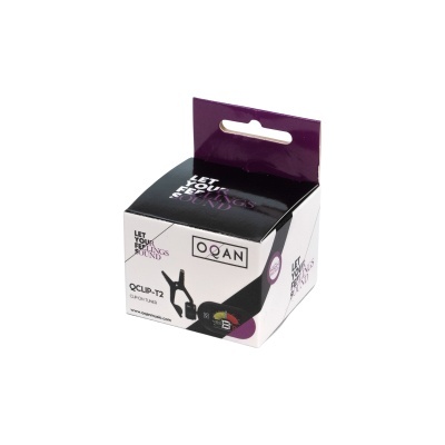 Embalação de afinador clip-on preto OQAN QCLIP-T2 com texto LET YOUR FEELINGS SOUND