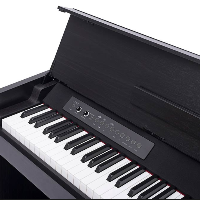 Piano digital preto com teclado e painel de controlo