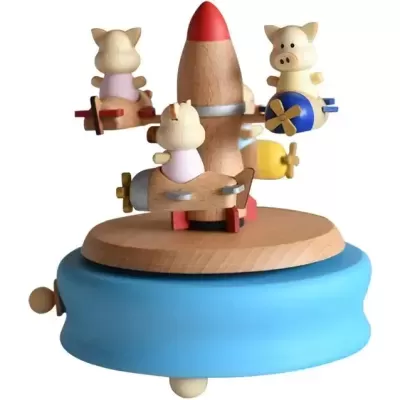 Moinho musical de madeira com porquinhos em aviões coloridos