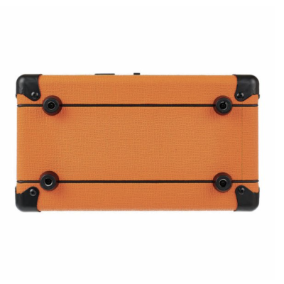 Mala de viagem laranja com cantos pretos vista de baixo