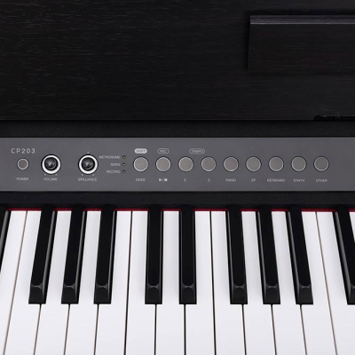 Teclado digital preto com painel de controlo e teclas