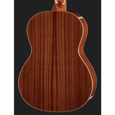 Parte de trás castanha de guitarra acústica em madeira com bordas claras