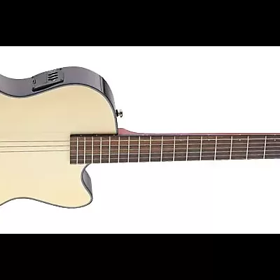 Violão acústico bege claro com braço e cavalete em madeira escura e 6 cordas.