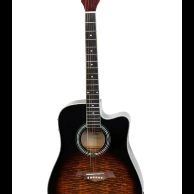 Guitarra acústica dreadnought castanha e preta com recorte e marca BandLeader