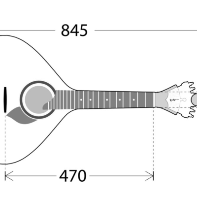 Desenho técnico em preto e cinza de uma guitarra portuguesa com medidas em milímetros