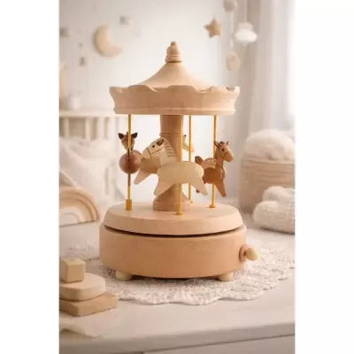 Carrossel musical de madeira com três cavalos suspensos