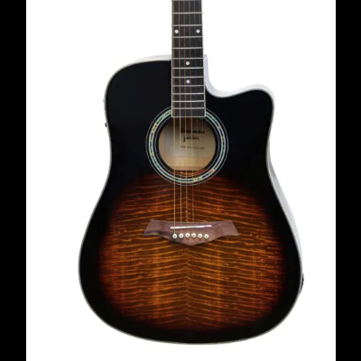 Guitarra acústica castanha com padrão riscado e braço preto