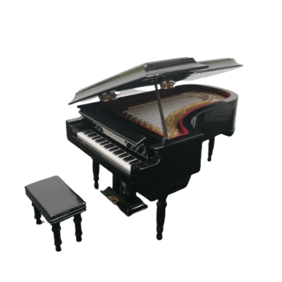 Miniatura de piano de cauda preto com banco, sobre fundo branco