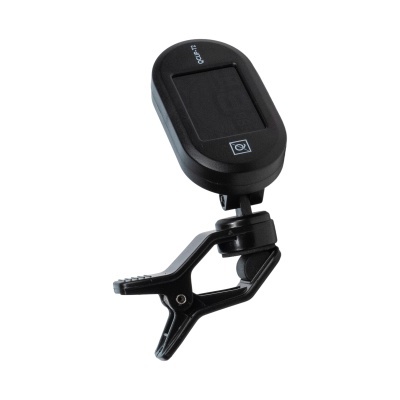 Clip preto com visor digital e suporte de plástico preto isolado em fundo branco.