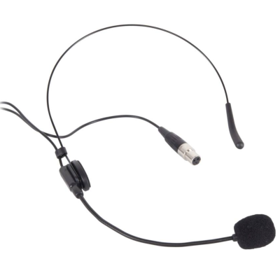 Microfone headset preto com conector XLR e esponja protetora.