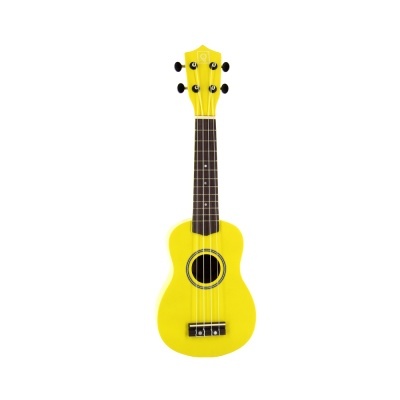 Ukulele amarelo com quatro cordas e cabeça com símbolo branco.