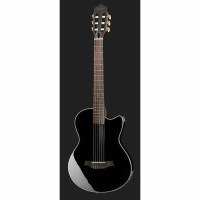 Guitarra clássica elétrica negra brilhante com braço castanho