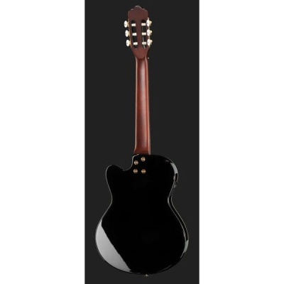 Guitarra clássica com corpo negro brilhante e braço de madeira castanha