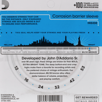 Embalagem de cordas DAddario para guitarra com texto em inglês e cores azul e branca