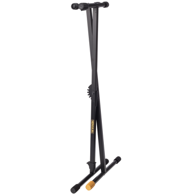 Suporte para guitarra em metal preto com detalhes amarelos