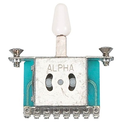 Interruptor basculante metálico com alavanca branca e seis terminais.