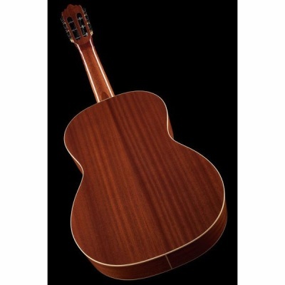 Contra-foto de guitarra clássica em madeira castanha polida