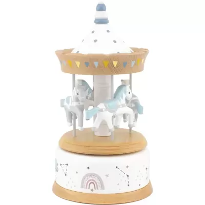 Carrossel musical decorativo em madeira com cavalos brancos e azuis