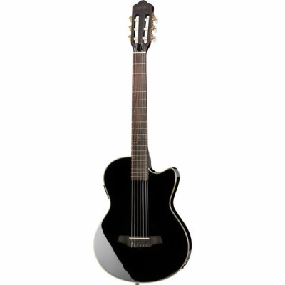 Guitarra clássica preta com corte moderno isolada em fundo branco