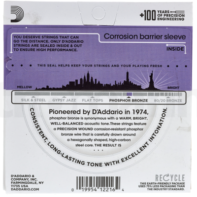 Embalagem de cordas DAddario para guitarra, phosphor bronze, com texto e código de barras