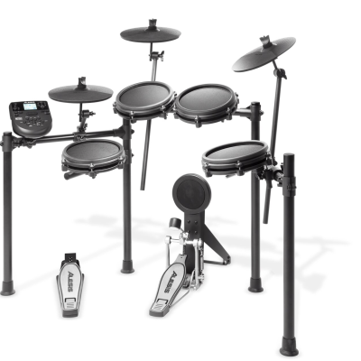 Bateria eletrónica preta com estrutura metálica e dois pedais HX