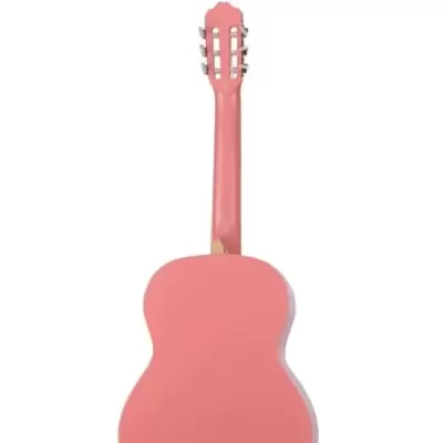 Guitarra clássica rosa vista de trás sobre fundo branco