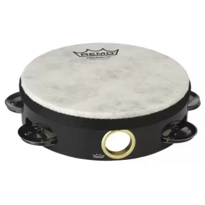 Pandeiro Remo Fiberskyn com pele branca e aro preto com jingles metálicos