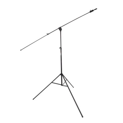 Estante de microfone preto com suporte tripé e barra horizontal